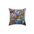 Colorful street art pillow featuring graffiti, characters, and urban elements