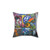 Colorful street art pillow featuring graffiti, characters, and urban elements