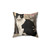 Tuxedo cat pillow with a watercolor nature scene