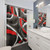Retro Eighties-style shower curtain with artistic red, white, and grey line and curve pattern on black background