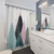 Abstract minimalist mountain shower curtains in pink, teal, and blue