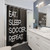 Soccer-themed shower curtain with repeating sports and food design