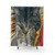 Colorful striped shower curtains with a sleeping tabby cat design