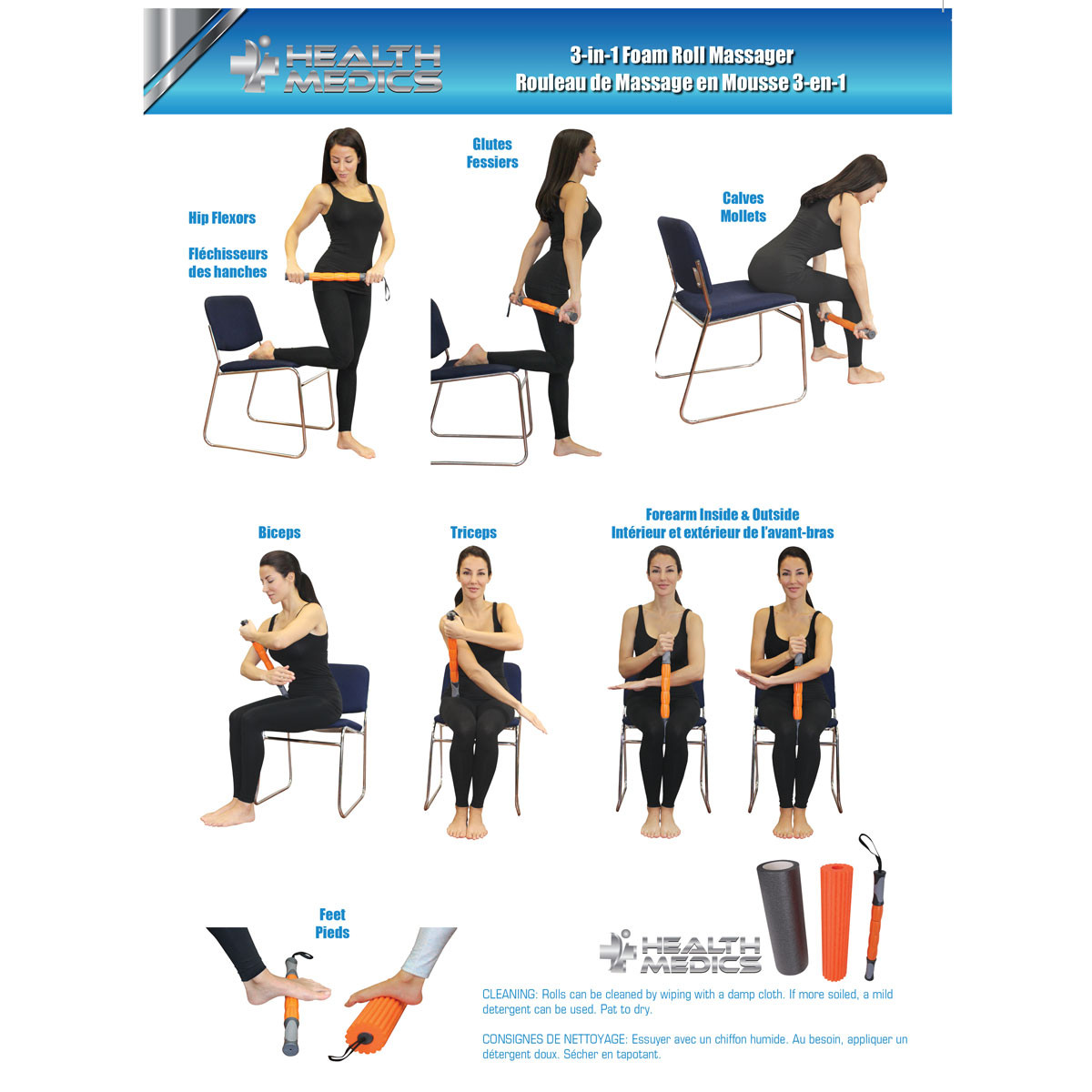 Health Medics 3-in-1 Foam Roll Massager Exercise Rehab