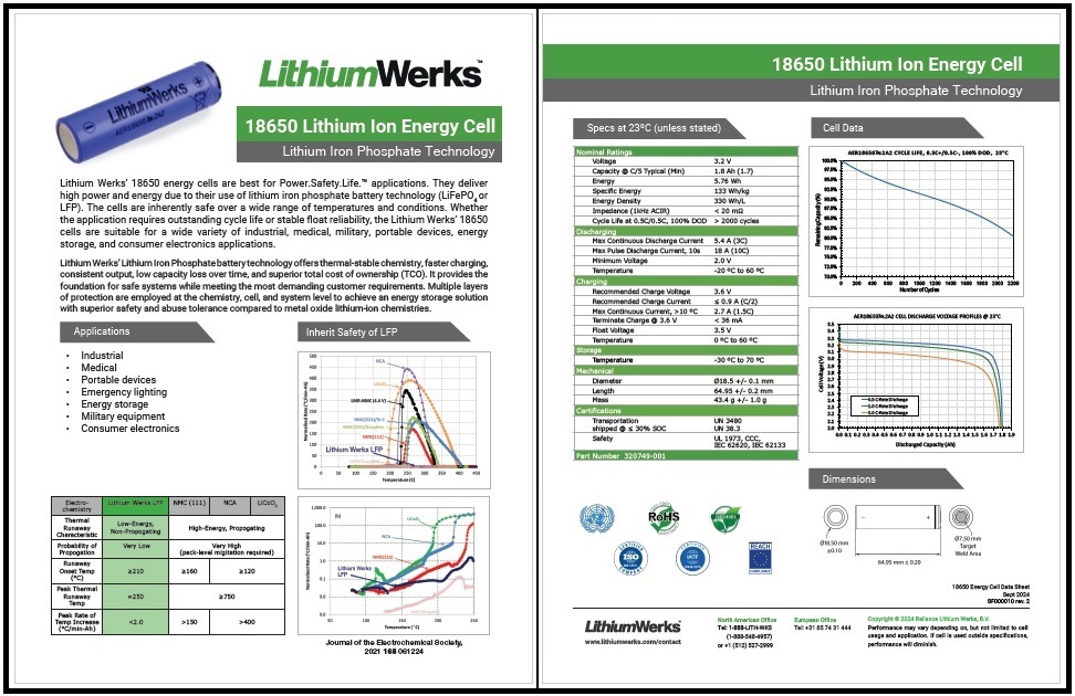 LithiumWerks AER18650 Energy Cell Specification Sheet, download here