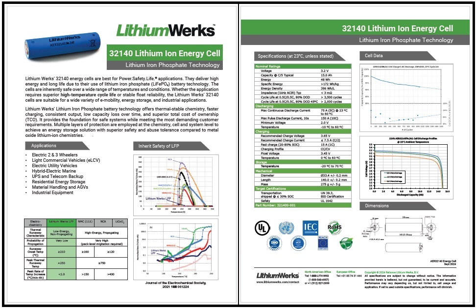 LithiumWerks AER32140 Energy Cell Specification Sheet, download here