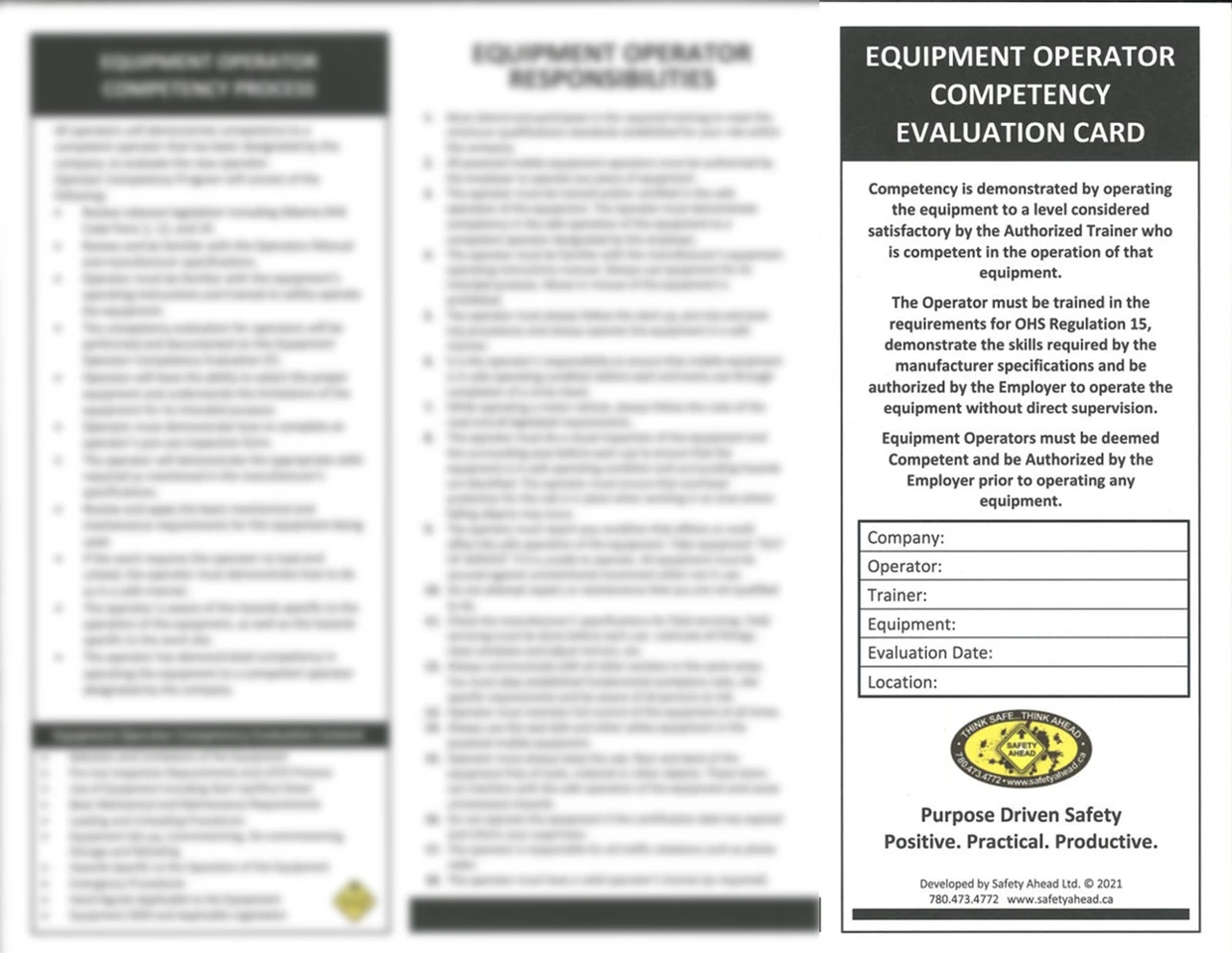 Equipment Operator Competency Evaluation Cards