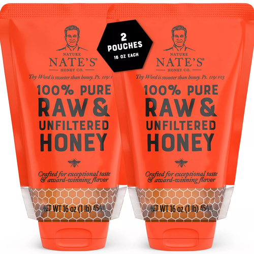 Nature Nate's Raw & Unfiltered Honey Squeeze Pouches, 16 oz (2 Pack)