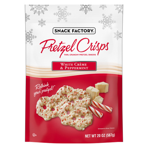 Snack Factory Pretzel Crisps White Crème & Peppermint 20 oz bag, front