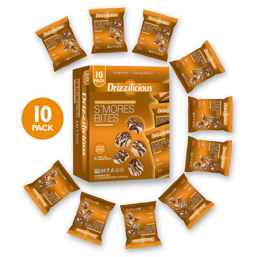 Drizzilicious Mini Rice Cakes S'mores Bites, Gluten Free, Vegan, 0.74 oz, Pack of 10, with Chia, Quinoa, Flax, Avocado Oil, 90 Calories