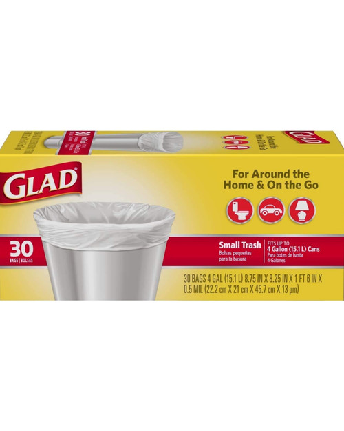 Glad Small Trash Bags, 4 Gallon, 30 Count, White Plastic Bags for Bathroom, Bedroom, and On the Go