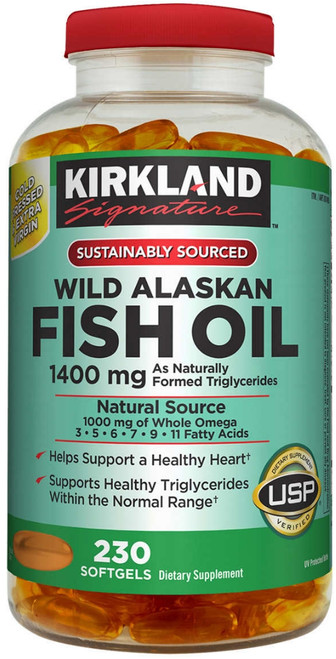 Kirkland Signature Wild Alaskan Fish Oil, 1400mg, Omega-3 EPA DHA, Cold Pressed Extra Virgin, Vitamins A & D3, 230 Softgels
