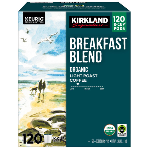 Kirkland Signature Organic Breakfast Blend light roast coffee K-Cup pods, 120 count box - front