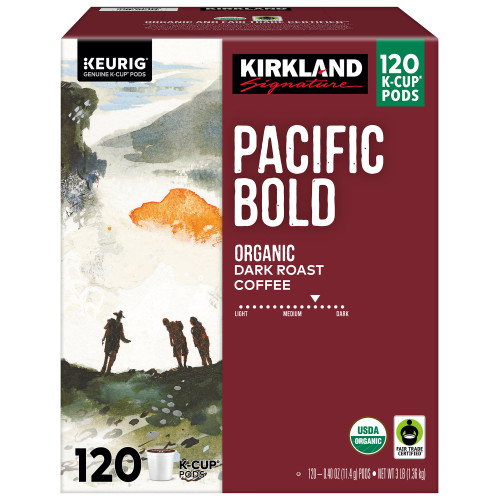 Kirkland Signature Organic Pacific Bold dark roast coffee K-Cup pods, 120 count box - front