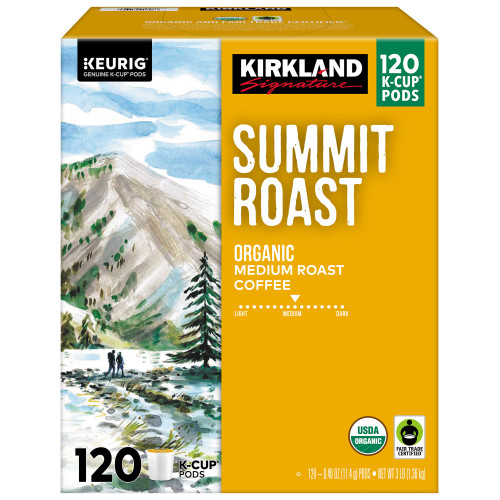 Kirkland Signature Organic Summit Roast medium roast coffee K-Cup pods, 120 count box - front
