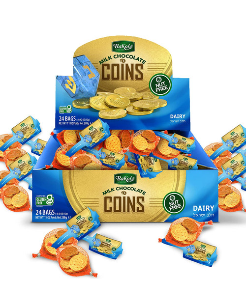 Hanukkah Milk Chocolate Gelt Coins, Nut-Free Chanukah Candy, 24 Bags, Cholov Yisroel Certified, Gold Foil Wrapped, Made in Israel