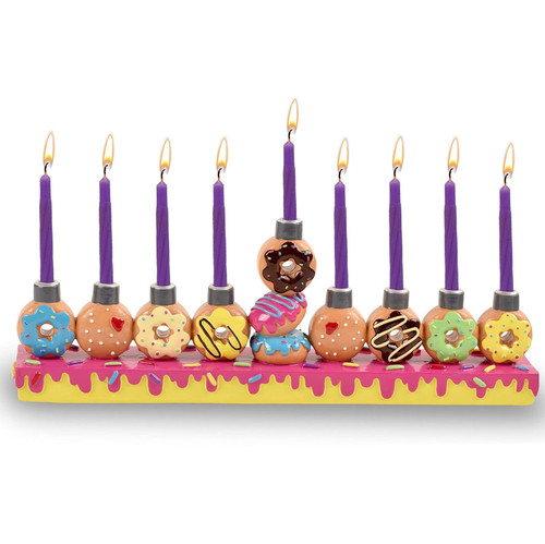 Ner Mitzvah Hand Painted Resin Donut Menorah for Chanukah, Multicolored Kids Hanukkah Menorah, Fits Standard Candles
