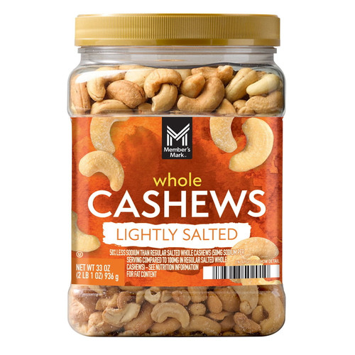 Member's Mark Lightly Salted Whole Cashews, 33 oz, Roasted with Sea Salt, 50% Less Sodium, Protein Snack