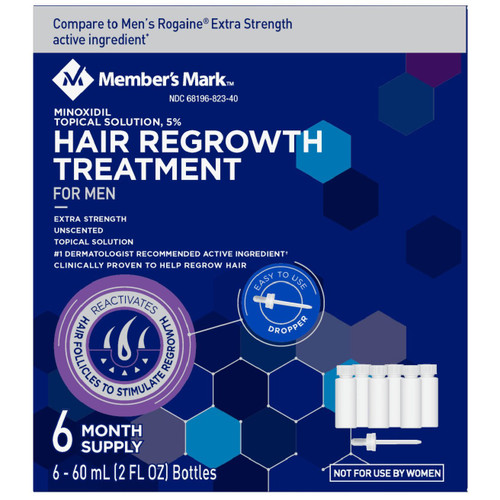 Member's Mark Minoxidil 5% Topical Solution, Hair Regrowth Treatment for Men, 2 fl oz, 6 Count – front of package
