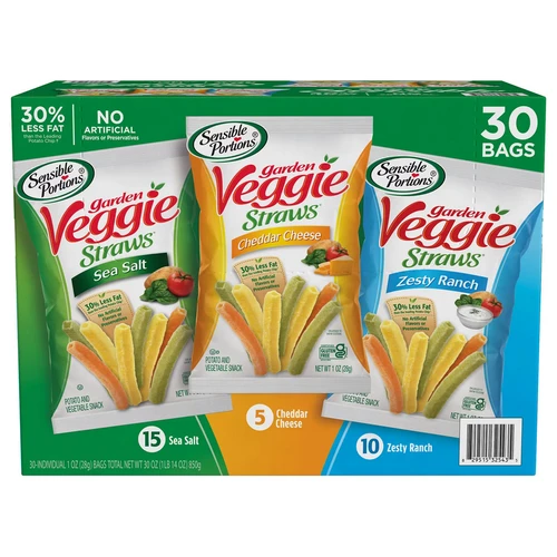 Sensible Portions Garden Veggie Straws Variety Pack - 30 Count 1 oz Bags | Sea Salt, Cheddar Cheese, Zesty Ranch | Gluten Free, Non-GMO, 30% Less Fat Than Potato Chips, Kosher Snacks for Lunch & On-the-Go