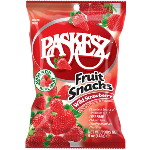 Paskesz Strawberry Fruit Snacks, Fat Free, Gluten Free, 5 oz