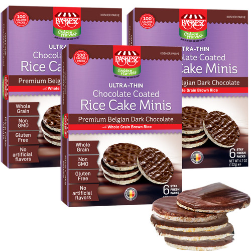 Paskesz Mini Rice Cake Belgian Dark Chocolate Covered, 6 Count (Pack of 3)