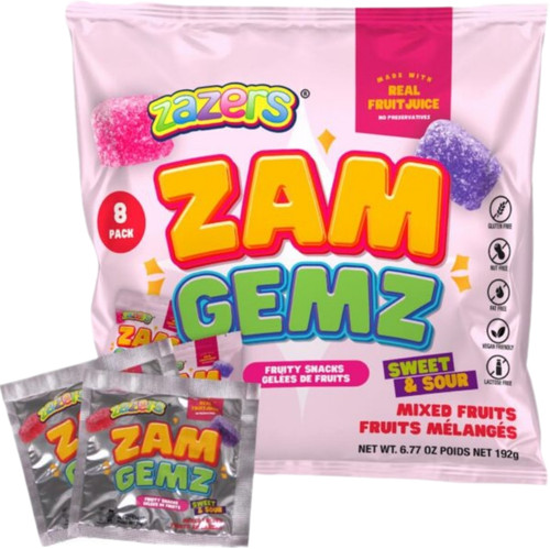 Zazers Zam Gemz Sweet & Sour Mixed Fruits Candy, Kosher for Passover, 8 Count