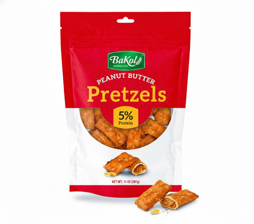 Bakol Peanut Butter Filled Pretzels, 14 oz, Kosher, High Protein Snack, Creamy Peanut Butter Center, Crunchy Pretzel Shell