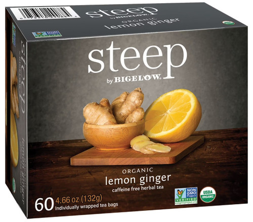 Bigelow Organic Lemon Ginger Herbal Tea, Caffeine Free, Individually Wrapped Tea Bags, 60 Count