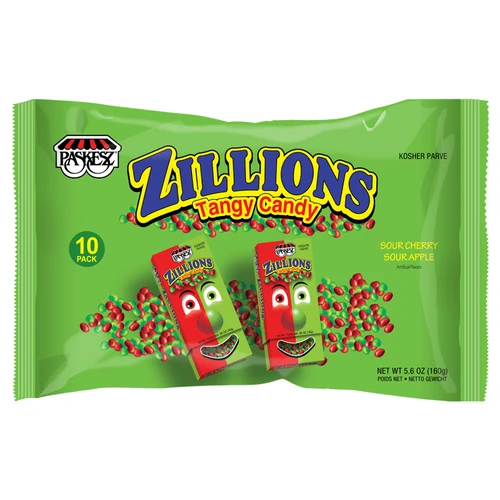 Paskesz Zillions Tangy Candy, Sour Cherry and Apple Flavors, Kosher Parve, Individually Wrapped, 10 Count 