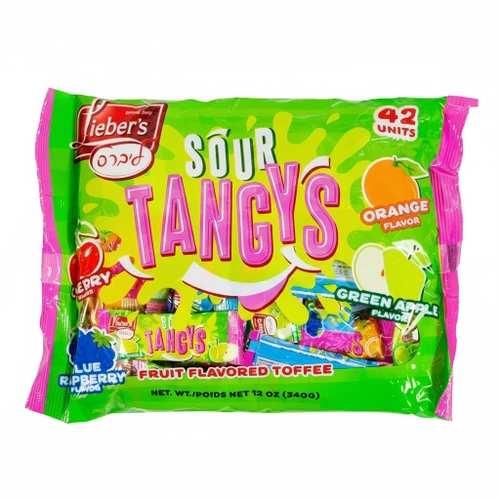 Lieber's Sour Tangys Fruit Flavored Toffee, Cherry, Orange, Green Apple, Blue Raspberry, 42 Units, Individual Wrapped Chewy Candy, 12 oz