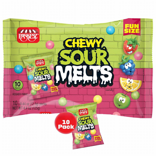 Paskesz Chewy Sour Melts Candy, Fun Size, Individually Wrapped, Kosher Parve, Assorted Fruit Flavors, 10 Count
