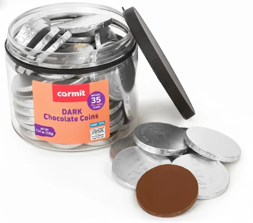 Carmit Dark Chocolate Silver Coins, Kosher Parve, Gluten-Free Hanukkah Gelt, 35 Count, 7.4 Oz Resealable Tub, Individually Wrapped, Dairy-Free Holiday Treats