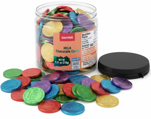 Carmit Milk Chocolate Coins, Multi-Color Hanukkah Gelt, Kosher Dairy, Individually Wrapped Holiday Candy, 7.41 oz Resealable Tub, 35 Pieces, Chalav Yisroel Certified
