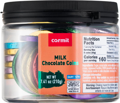 Carmit Milk Chocolate Coins, Multi-Color Hanukkah Gelt, Kosher Dairy, Individually Wrapped Holiday Candy, 7.41 oz Resealable Tub, 35 Pieces,