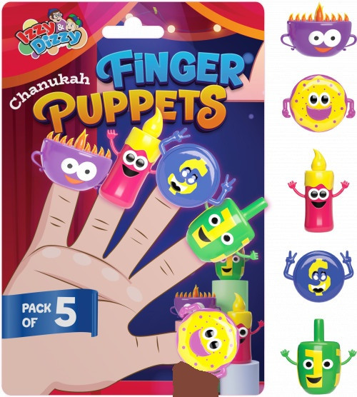 Hanukkah Finger Puppets Party Favors, Festival of Lights Themed Characters with Dreidel, Menorah, Candle, Gelt Coin Design, Kids Holiday Celebration Toy, 5 Packs