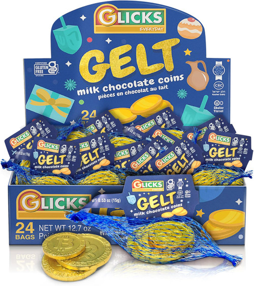 Glicks Gelt Milk Chocolate Coins, 24 Bags, Kosher Dairy Chanukah Chocolate, Gluten Free, Total with 3 Coins per Bag, Holiday Dreidel Game Treats