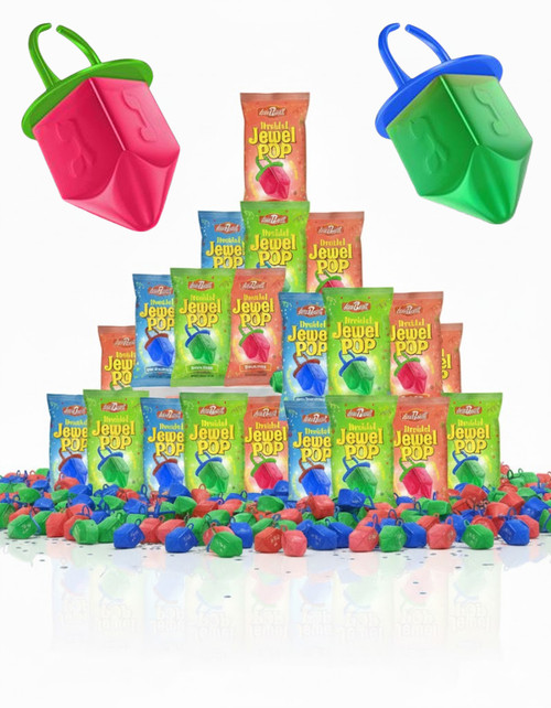 Dreidel Jewel Ring Pops Candy, Kosher Certified, 18-Count Variety Pack, Blue Raspberry, Green Apple, Strawberry Flavors, Hanukkah Party Favors, Individual Wrapped