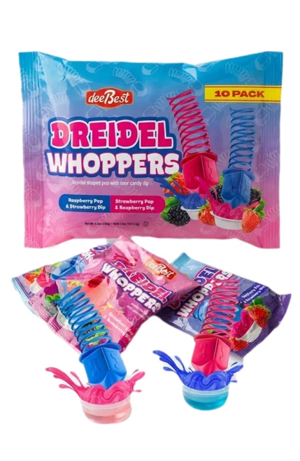 Dreidel Whoppers Hanukkah Candy, Raspberry and Strawberry Lollipops with Sour Liquid Dip, Kosher Certified, 10 Pack