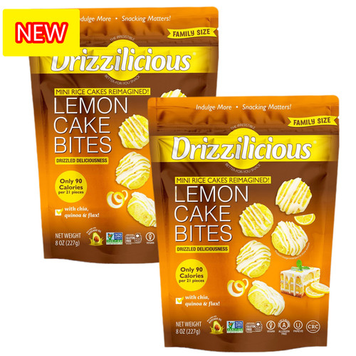 Drizzilicious Lemon Cake Bites, Mini Rice Cakes, Gluten Free, Vegan, with Chia Quinoa and Flax, 8 oz Family Size (Pack of 2)