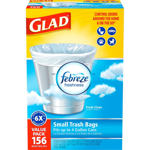 Glad Small Trash Bags with Febreze Freshness, Fresh Clean Scent, 4 Gallon, White, 156 Count, Value Pack