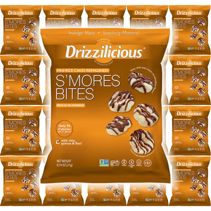 Drizzilicious Mini Rice Cakes S'mores Bites, Gluten Free Vegan Snacks with Chia Quinoa Flax, 90 Calories, 0.74 oz (Pack of 20)