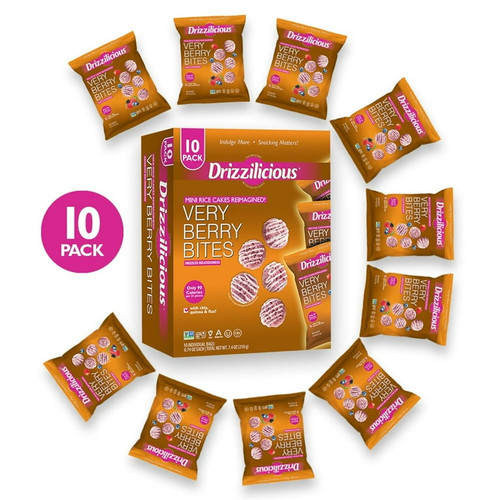 Drizzilicious Mini Rice Cakes, Very Berry Bites, Vegan, Gluten-Free, Allergen-Free, Non-GMO, 90 Calories, 0.74 oz (Pack of 10)