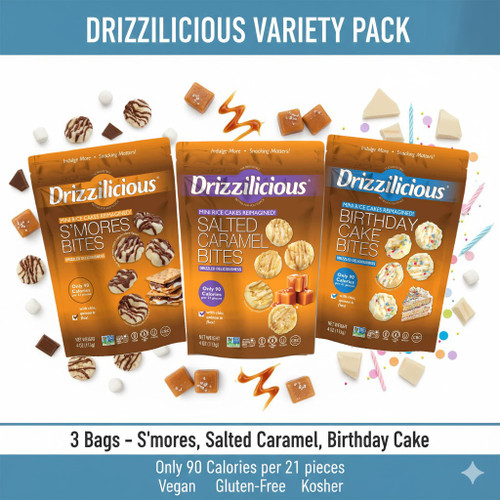 Drizzilicious Mini Rice Cakes Variety Bundle, 3 Flavors Birthday Cake, S'mores, Salted Caramel, Gluten-Free, Vegan, 90 Calorie, 4 Ounce