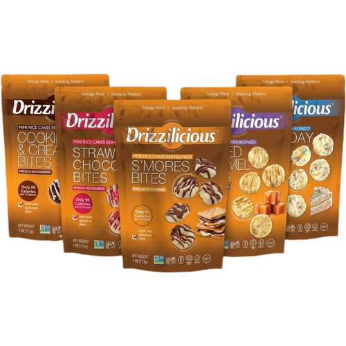 Drizzilicious Mini Rice Cakes Variety Pack, 5 Flavors, Birthday Cake, S'mores, Cookies & Cream, Salted Caramel, Strawberry Chocolaty, Gluten-Free, Vegan, 4oz Bags