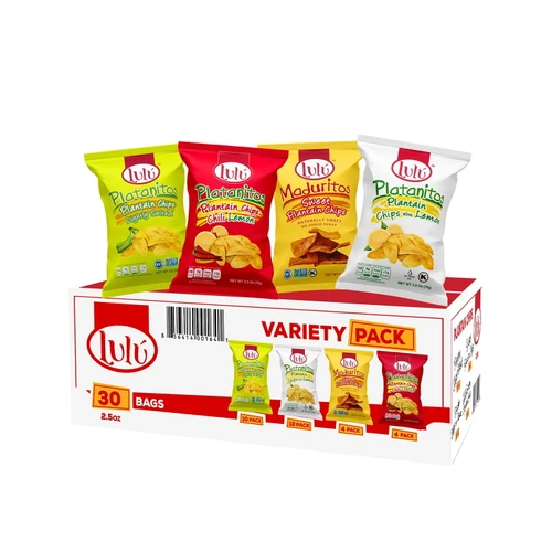 Lulú Platanitos Plantain Chips Variety Pack, 30 Bags, 2.5oz Each, Lightly Salted, Lemon, Chili Lemon, Sweet Maduritos, Non-GMO, Gluten-Free, Vegan, Kosher