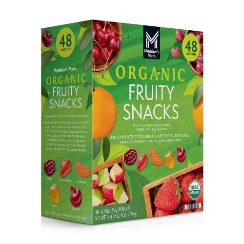 Member's Mark Organic Fruity Snacks, Assorted Fruit Flavors (Grape, Strawberry, Orange, Apple, Cherry), Gluten Free, Fat Free, 100% Daily Vitamin C, 48 Individually Wrapped Pouches, 0.8 oz Each