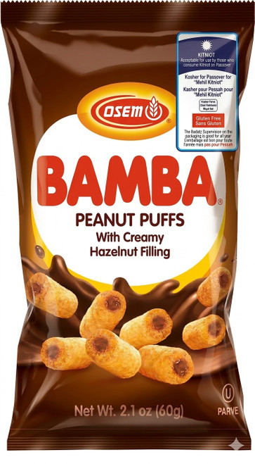 Osem Passover Bamba Peanut Puffs with Hazelnut Filling, 2.1 oz, Kosher for Passover Certified, Kitniot, Gluten-Free, Dairy-Free