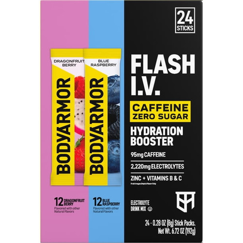Bodyarmor Flash I.V. Hydration Booster Powder Sticks with Caffeine, Variety Pack, 24 Count Zero Sugar Electrolyte Drink Mix - Dragonfruit Berry & Blue Raspberry - Rapid Hydration + Energy Booster
