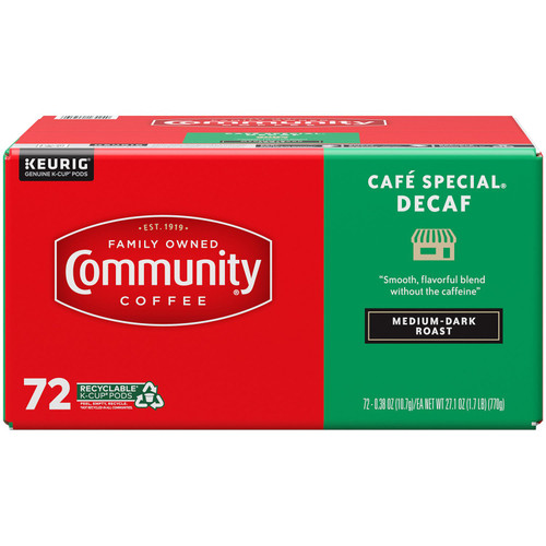 Community Coffee Cafe Special Decaf Medium-Dark Roast Single-Serve Coffee Pods, Keurig Compatible – front of package